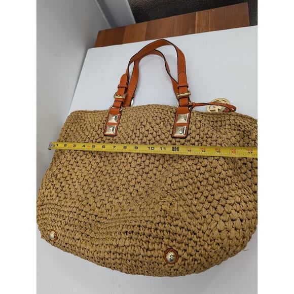 Michael Kors Santorini Large Straw Basket Tote Beach Bag Orange Leather Trim - Picture 6 of 10
